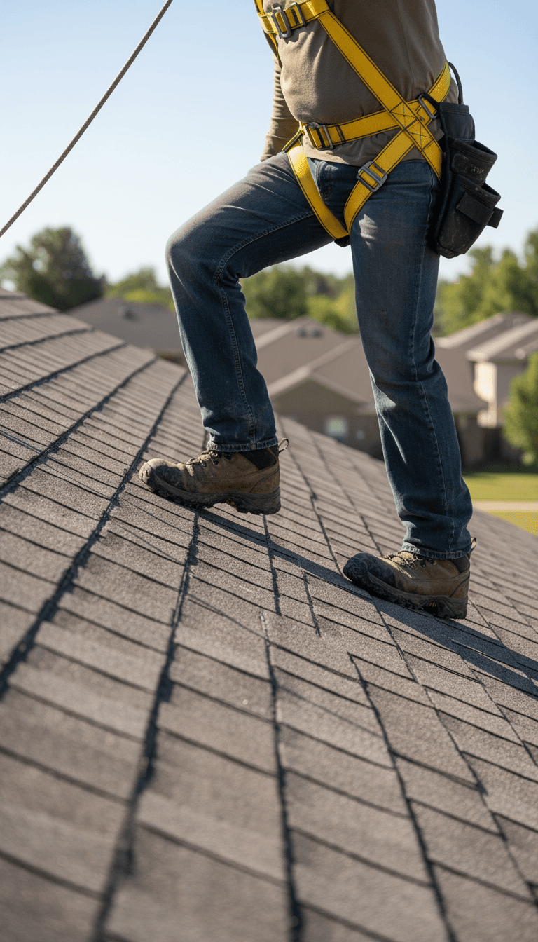 Roofer in work boots with safety harness on a steep shingle roof