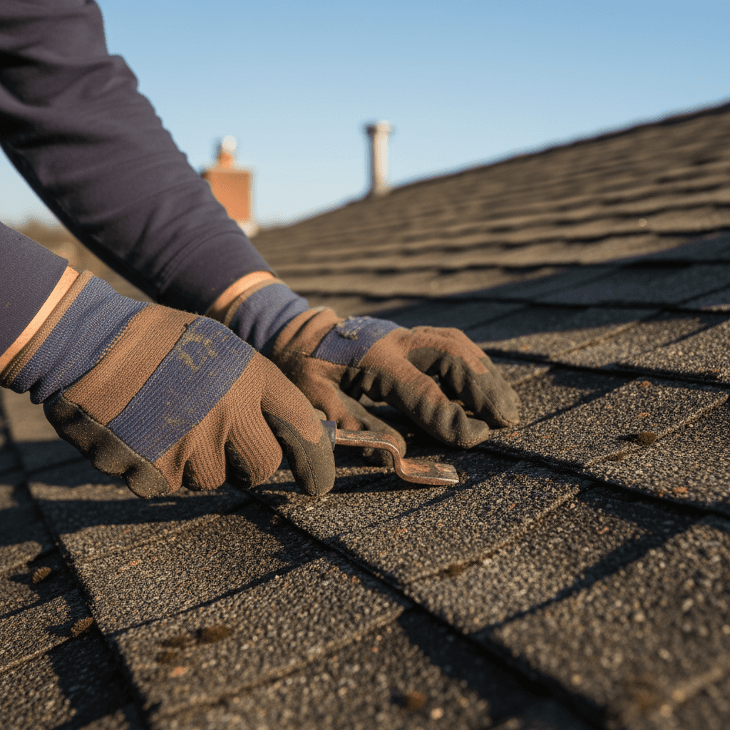 Roofer discussing insurance claim with homeowner in driveway